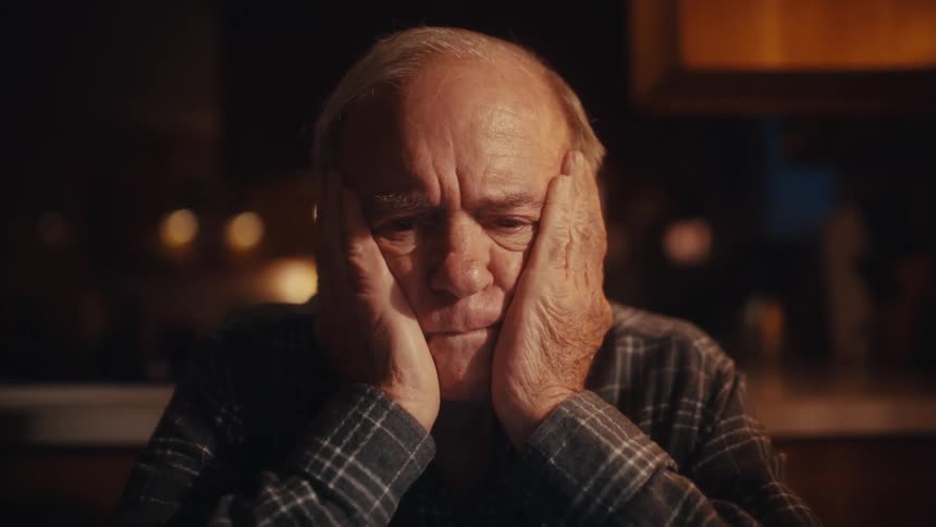 A sad elderly man sits at a desk holding his head in a dim home workspace