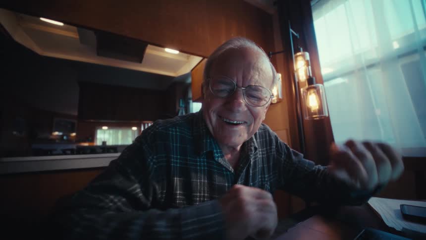 Elderly man smiles after referencing his laptop then using a calculator