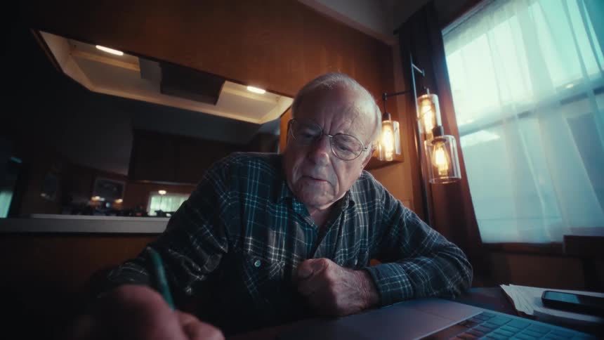 An elderly man sits at a wooden table in a dimly lit room alternating between using a calculator typing on his laptop and writing notes on paper