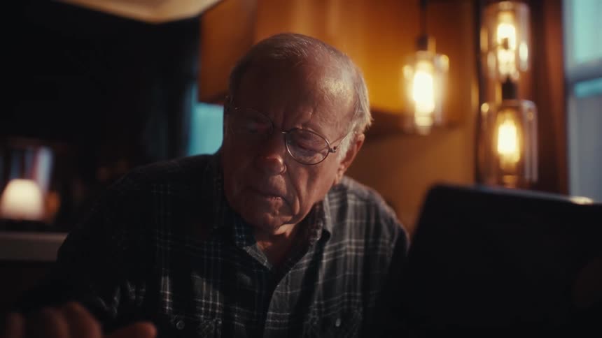 An elderly man sits at a table while working on his laptop computer
