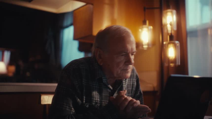 An elderly man sits at a kitchen table under warm pendant lights opens his laptop briefly clasps his hands together while looking at the screen and begins to type in the dimly lit room
