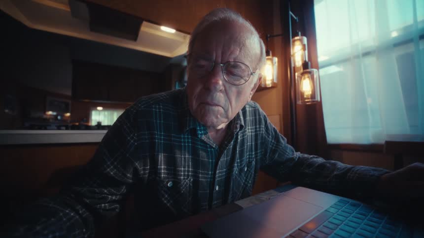 An elderly man sitting at a table uses a calculator and laptop