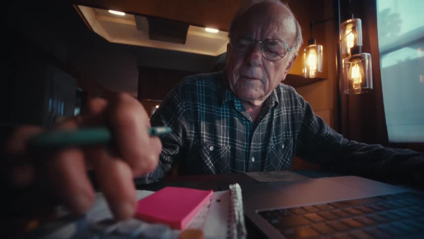 An elderly man wearing glasses and a plaid shirt sits at a desk focused on working with a laptop and a calculator the scene alternates between closeup shots of his face and lowangle views of his hands as he types and uses a pen to press buttons on the