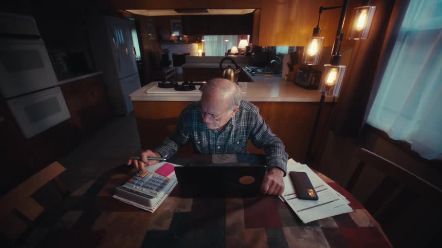 An elderly man in a plaid shirt sits at a sunlit kitchen table diligently using a calculator and laptop to review his finances before leaning back removes his glasses and gives satisfied smile as warm morning light fills the room