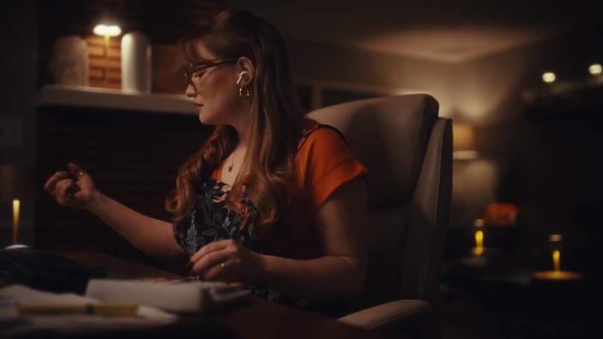 In a warmly lit intimate office setting with a laptop a woman wearing glasses and earbuds leans forward in a leather chair focused intently on her work at a cluttered desk while soft lamps and blurred background