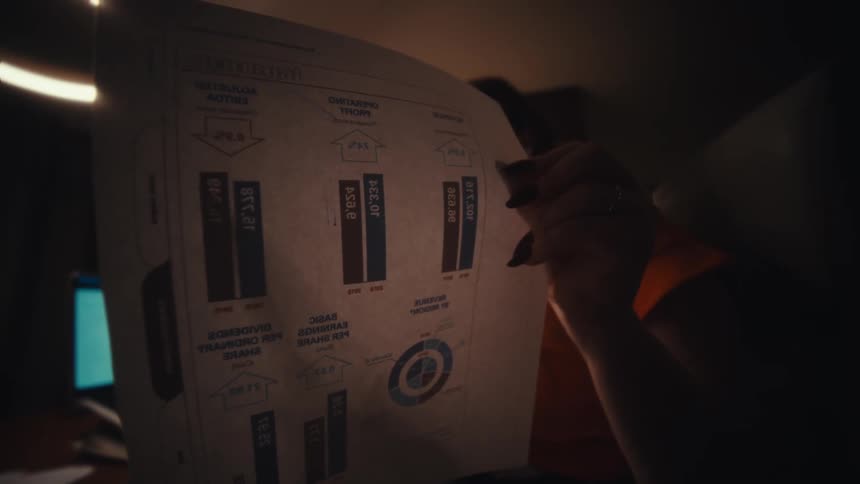 Hand holding a printed financial report with charts and graphs backlit by a desk lamp in a dark room