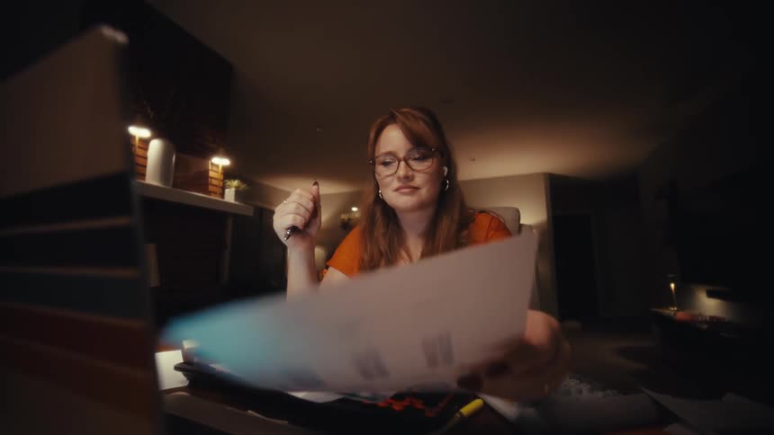 Young woman with red hair and glasses working late at night reviewing business documents and financial charts at her desk in a warmly lit home office