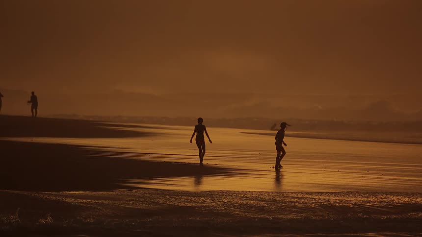 People are silhouetted against a golden sunset as they walk and play along the shoreline of a beach the warm light reflects off the wet sand and the misty ocean waves in the background