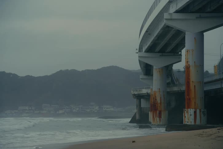 Large rusty concrete pillars support a curved highway bridge that stretches over a sandy beach as powerful ocean waves crash against the shore under a heavy overcast sky while a misty coastal town rests in the distance