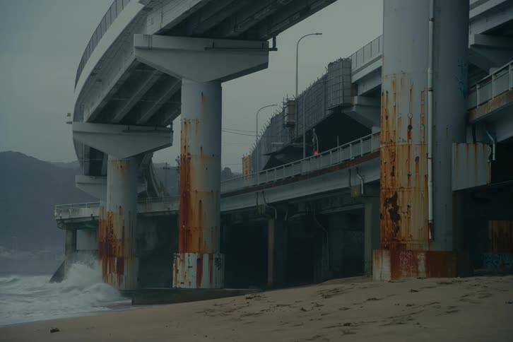 A view of waves crashing on pillars near a city