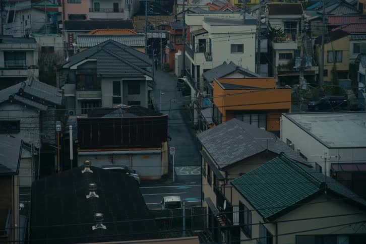 A highangle view captures the dense architecture of a quiet japanese neighborhood showing a narrow street winding between a mix of traditional and modern houses with varied rooftops under a soft overcast light