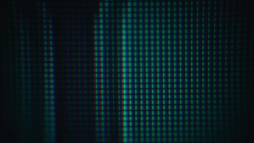 Green and red grids with digital numbers move across the screen
