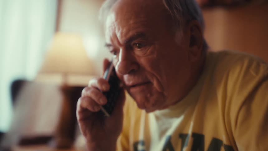 A man talking on a phone in a room