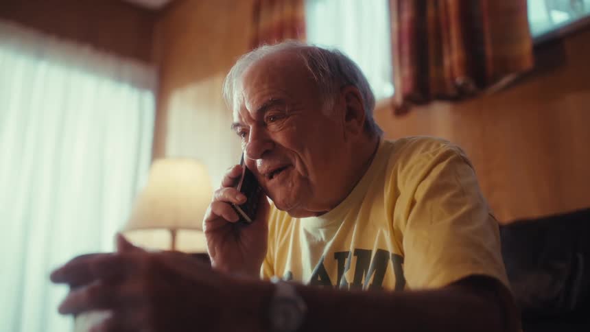 An elderly man sitting in a chair in his living room at midday wearing a yellow tshirt answering a phone call as he suddenly becomes excited by what he sees on his computer