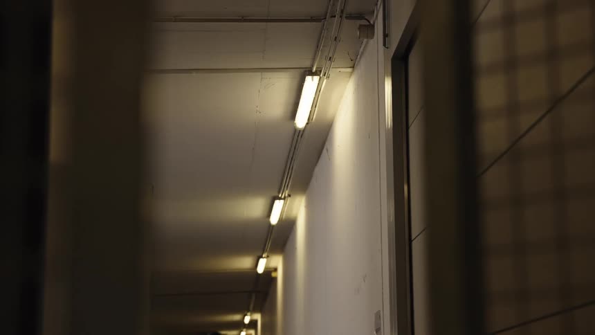 Hallway with the lights on at night