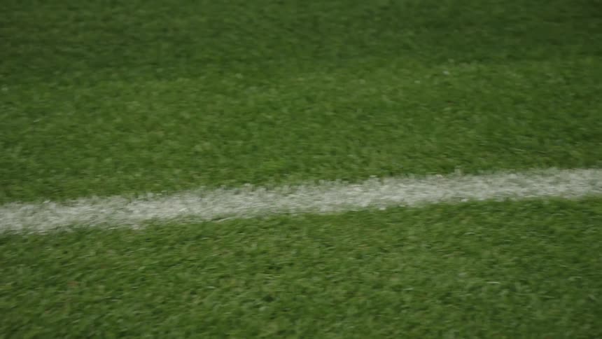 Closeup tracking shot of a white boundary line painted on a lush green grass sports field