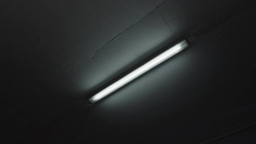 A single fluorescent tube light glows with a cool white light while mounted to a dark and flat ceiling surface