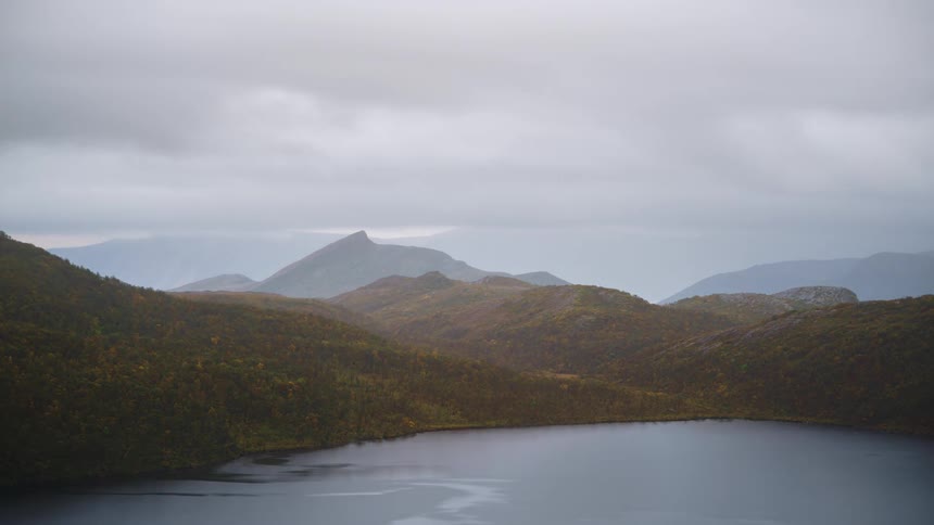 Plants and vegetation cover a mountain along the coast with mountains in the distance under a cloudy sky