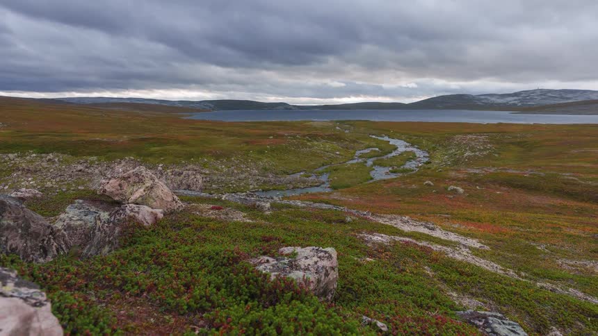 A stream flows through a vast colorful tundra toward a large lake under a heavy overcast sky with rocky outcrops and lowlying vegetation filling the foreground and distant hills lining the horizon