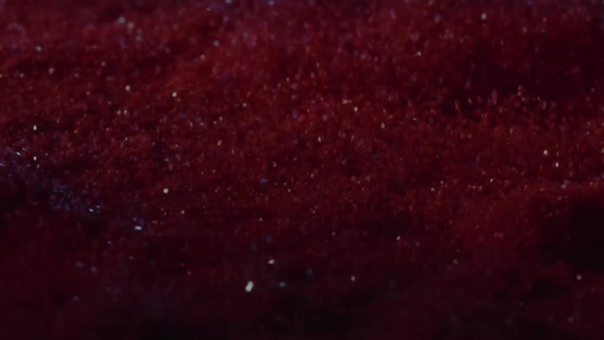 A rich deep red surface filled with countless tiny sparkling particles stretches across the frame creating a warm textured and almost velvety abstract scene