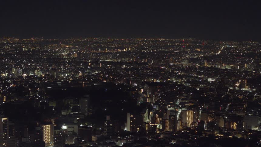 A sprawling cityscape glows with countless lights under the dark night sky