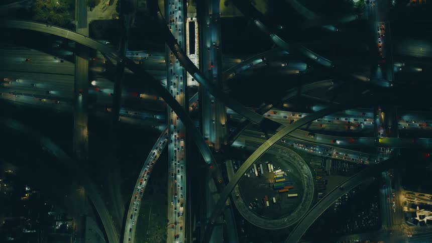 Heavy traffic is on the freeway at night