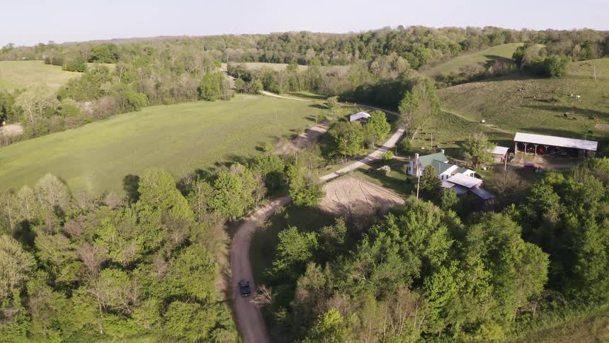 Fields are surrounded by trees at a rural farm