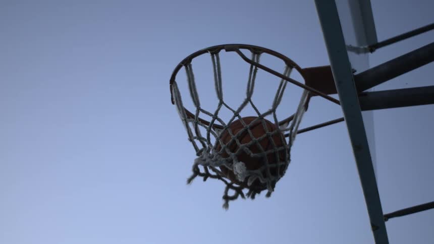 Ball falling into the basketball hoop