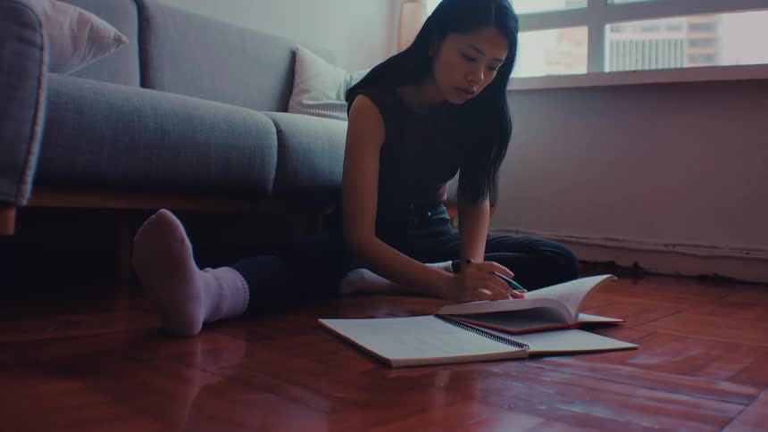 Woman writes in a notebook while sitting on the floor beside a sofa in a residential space lit by a window