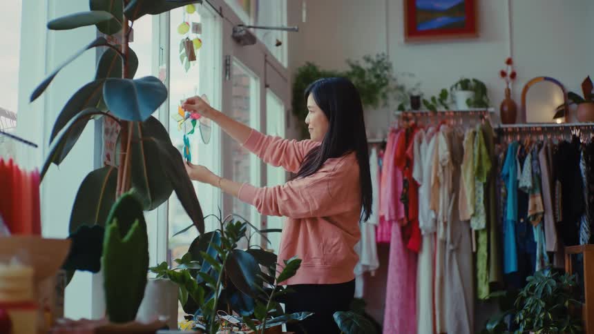 The woman hangs ornaments on the door