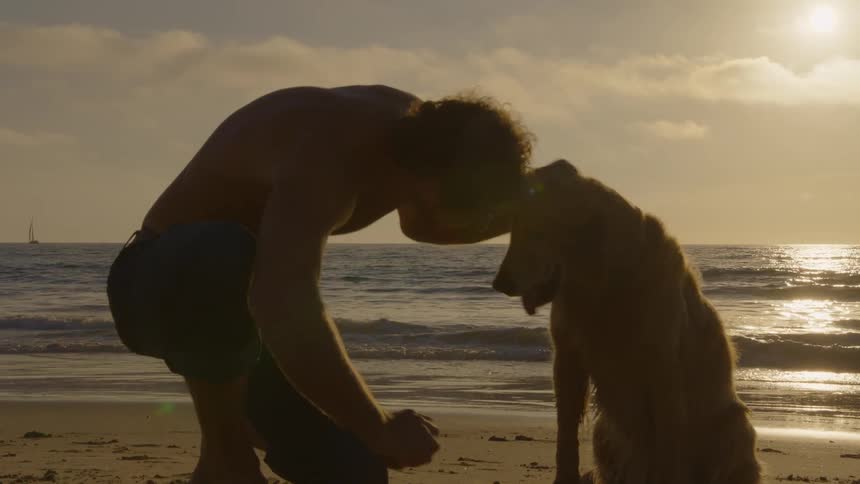 A shirtless man on a beach pets his gold retriever lovingly