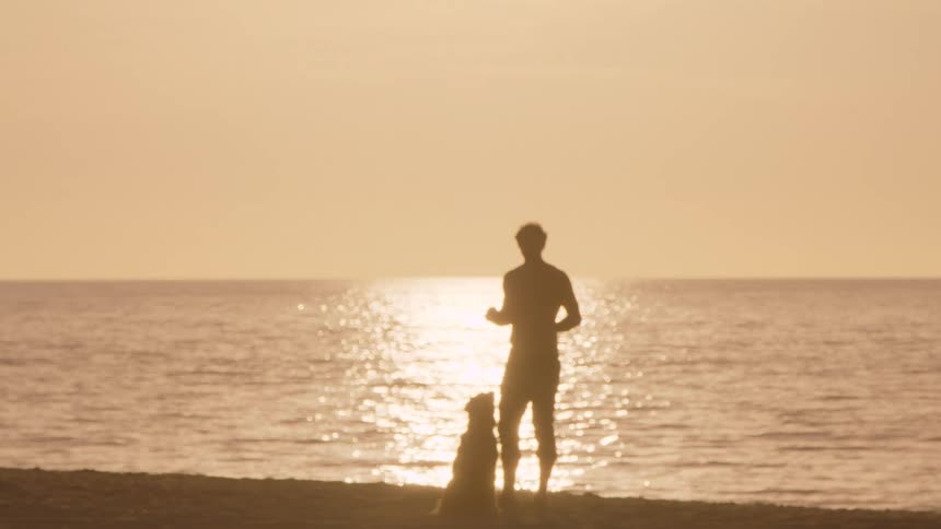 Man stands on the beach with his dog watching the water as a cyclist rides by on a bicycle