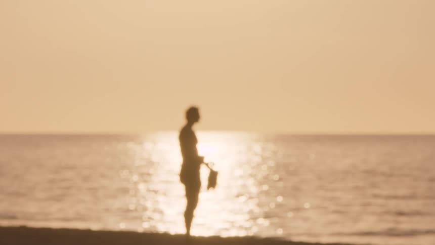 A lone person stands on the sandy beach at sunset silhouetted against the glowing sky