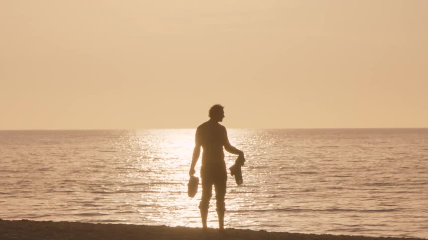 A man calling his dog over on the beach