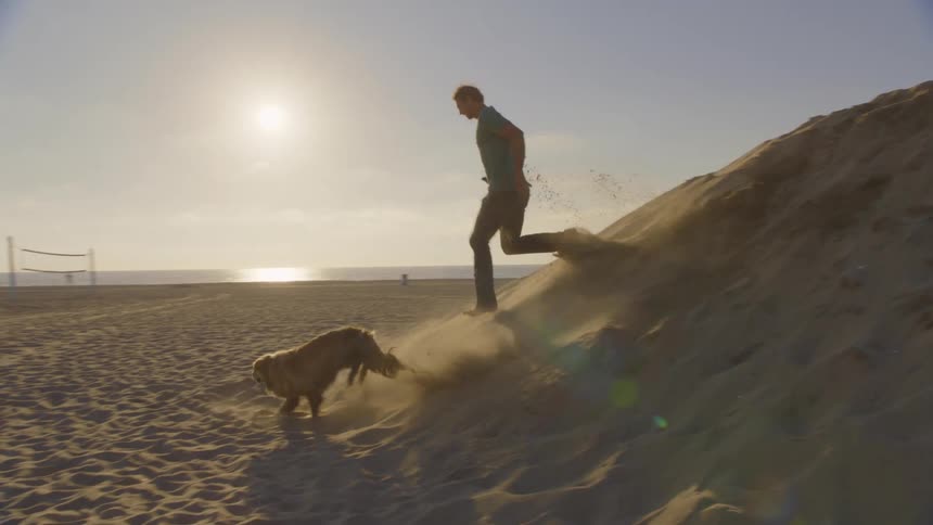 A man runs and plays with his dog on a sandy beach at sunset by the ocean