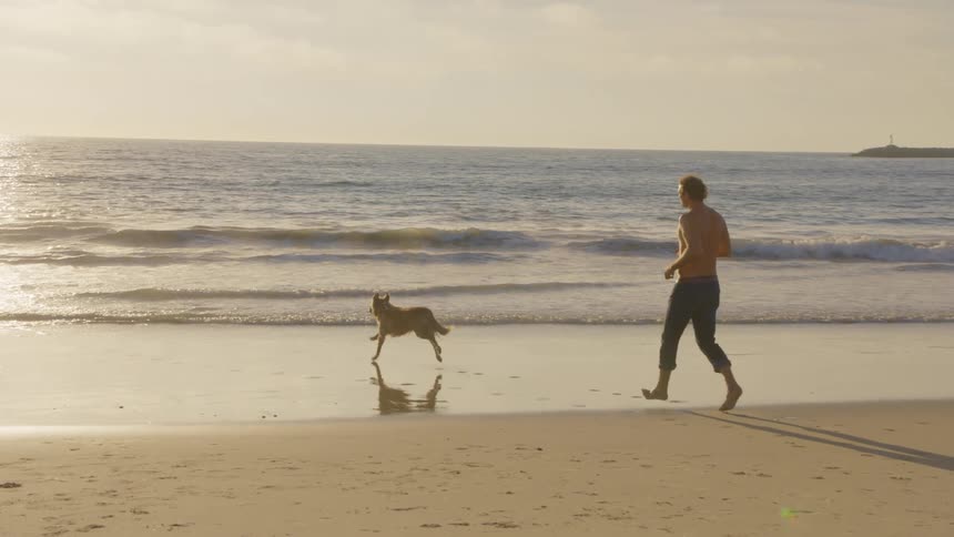 Man running on the beach with his dog as waves roll in to shore