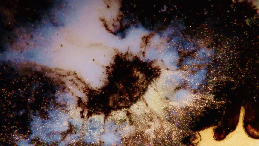 His is a dark jagged line that pulses outward from the middle of the frame it separates a dense dark inklike substance from a lighter cloudy white and blue area as it moves it creates thin rootlike extensions that reach into the surrounding pale