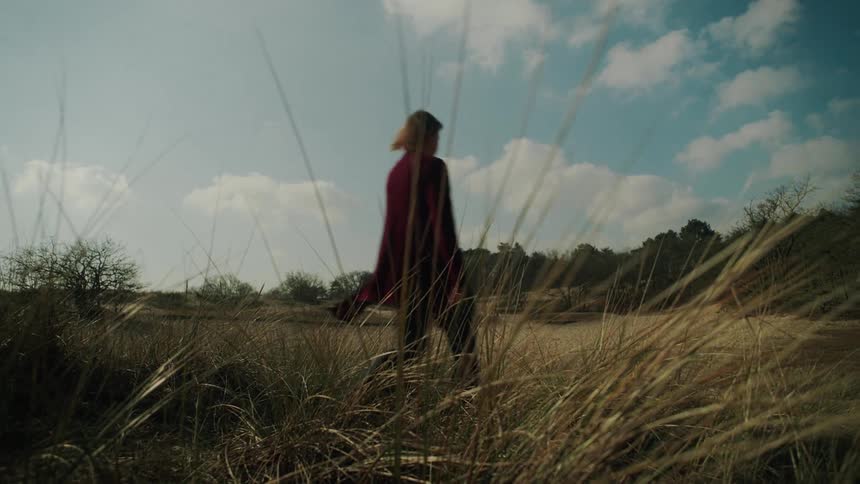 A woman wearing a dark red coat walks away from the camera through a field of tall dry grassthe scene is captured from a low angle under a bright sky with soft white clouds and a distant treeline