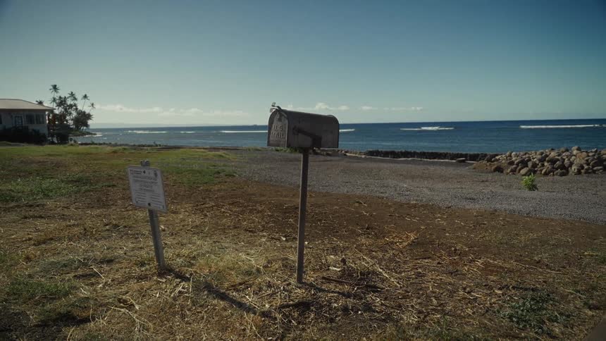 A weathered mailbox and a sign stand in a dry grassy area facing the ocean with a low building and palm trees to the left and a rocky shore in the foreground