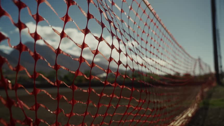 Orange plastic mesh fences off an outdoor area with a blurred landscape in the background