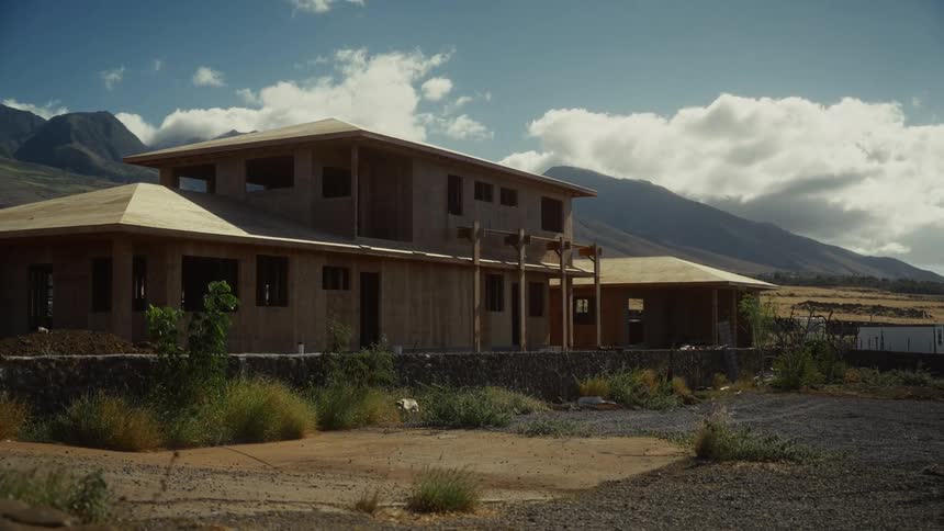 A wooden house under construction stands against a backdrop of mountains and a partly cloudy sky