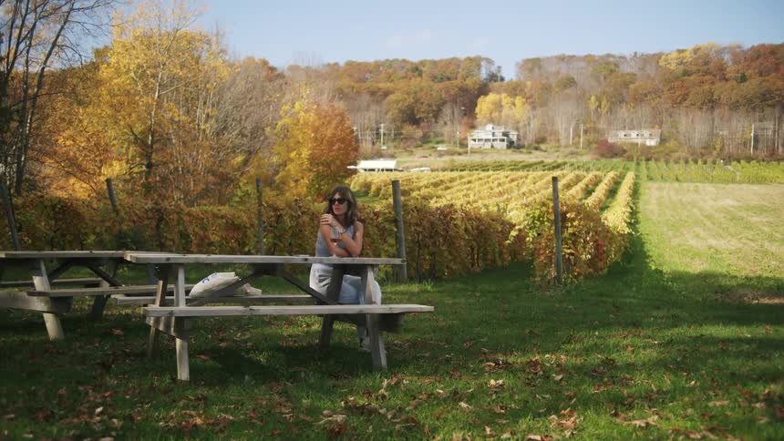 Woman sitting at a table next to a grape plantation