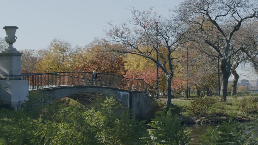 In this video a person stands on a grey arched bridge that spans a narrow waterway the surrounding park is filled with trees showing autumn colors of yellow and orange under a clear sky