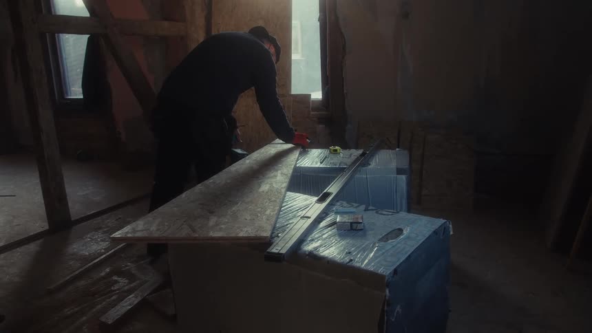 Man on a construction site measuring a piece of wood