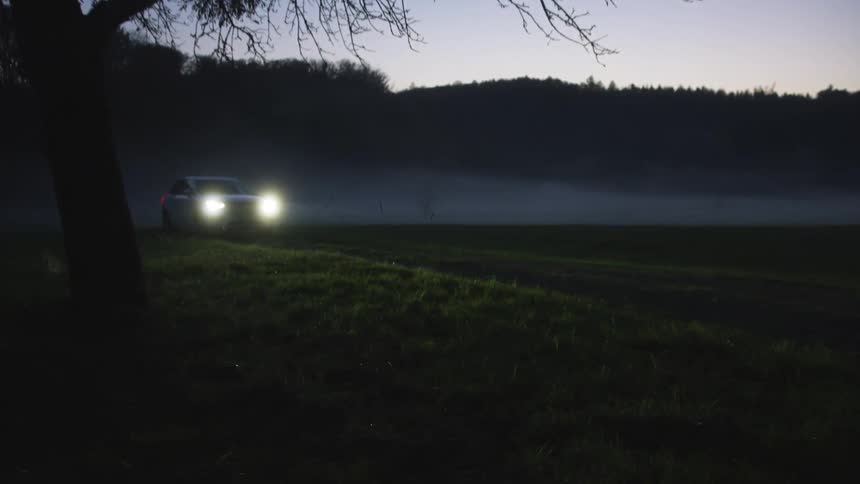 The car drives by the green field off road