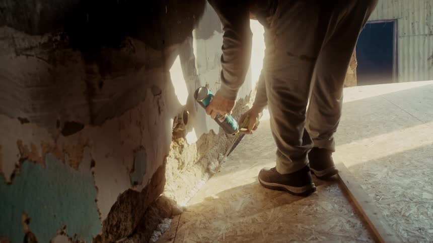 Person applies insulating foam at the base of an interior wall during home renovation