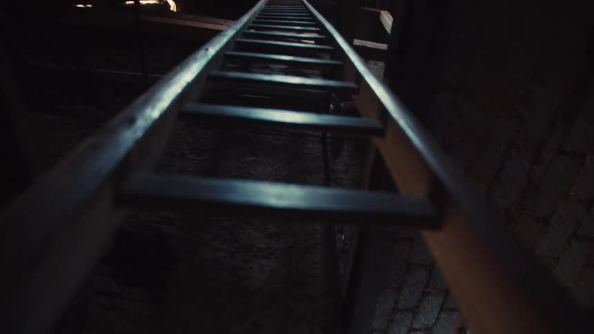 Steep metal ladder leading to attic with soft light filtering through openings
