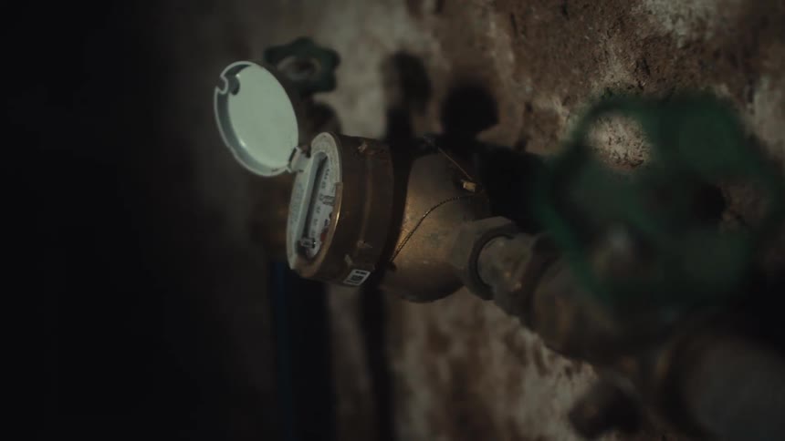 A closeup shot reveals a weathered water meter with its circular lid flipped open mounted against a rough dark wall the camera slowly pulls back and shifts focus from the foreground pipes to the meters dial emphasizing the gritty industrial setting