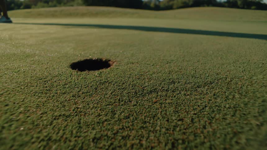 A golf ball drops into the hole on a sunlit green and then pops back out as the footage plays in reverse