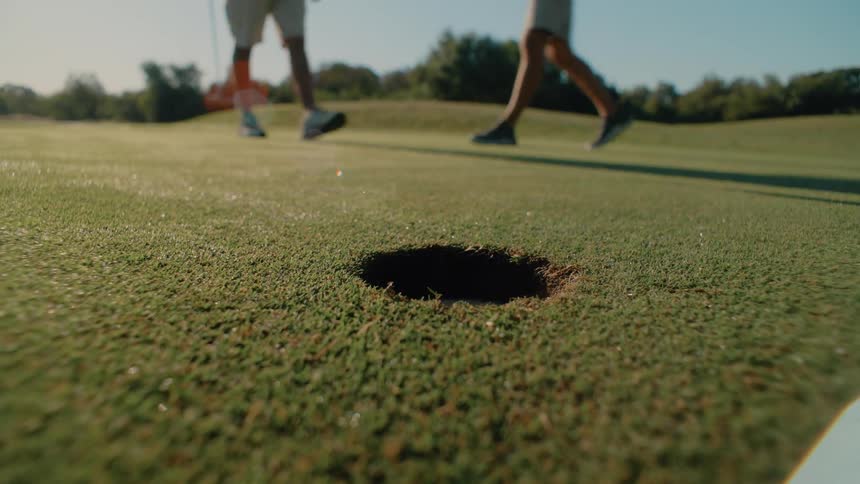 A person putting a golf ball into a cup